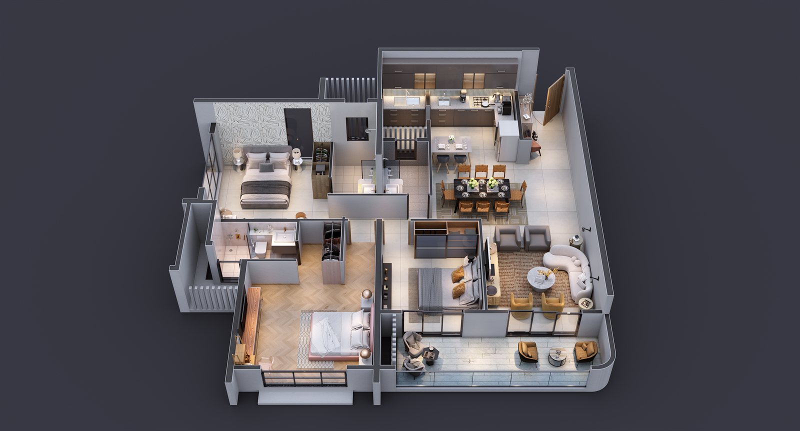 Riverdale Grand 3 BHK unit plan, Kharadi Pune - 3D cutaway showing living, dining, kitchen and bedrooms