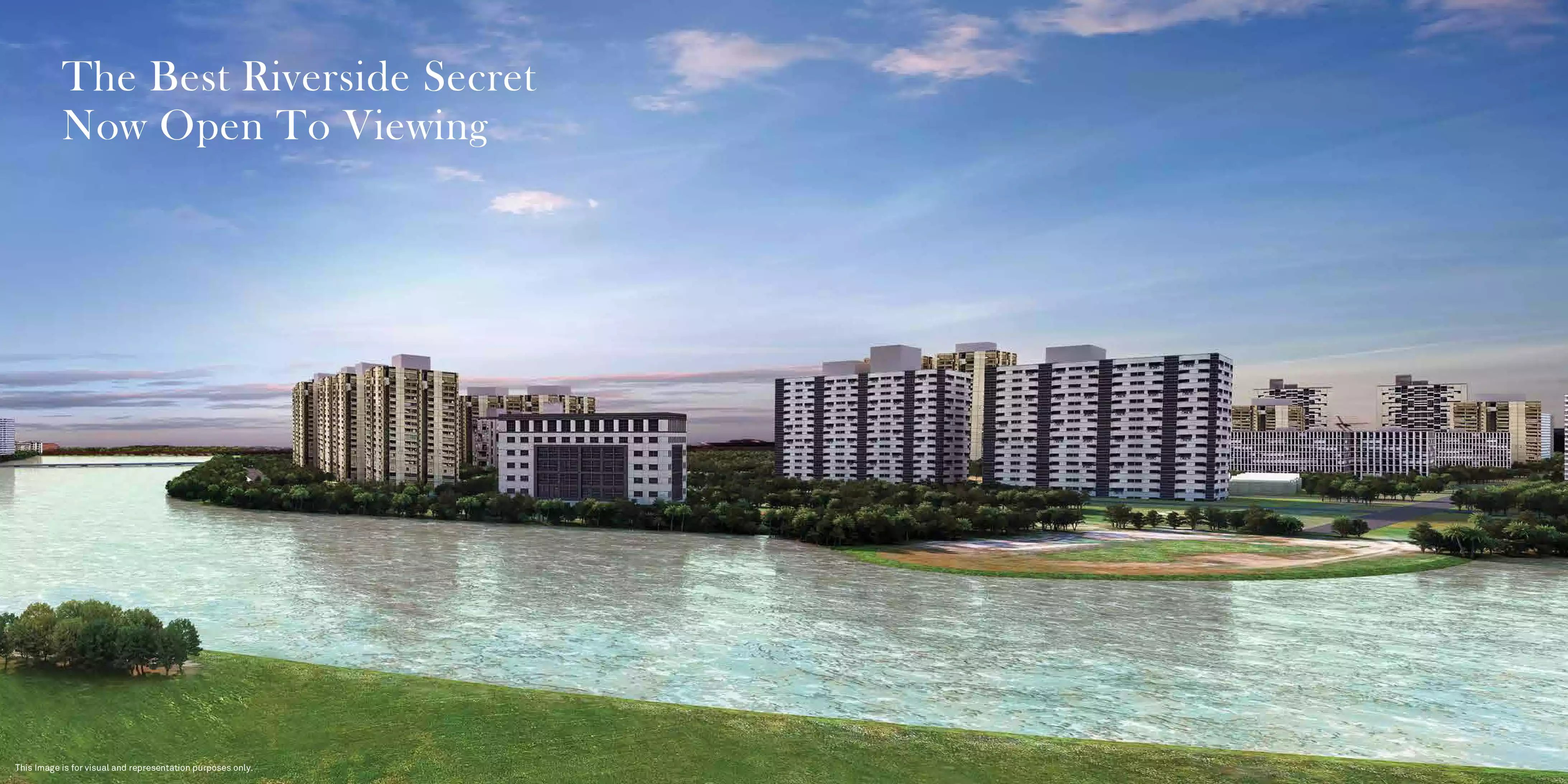 Riverdale Grand Kharadi - riverside panorama of the Riverdale township across the river, artistic impression