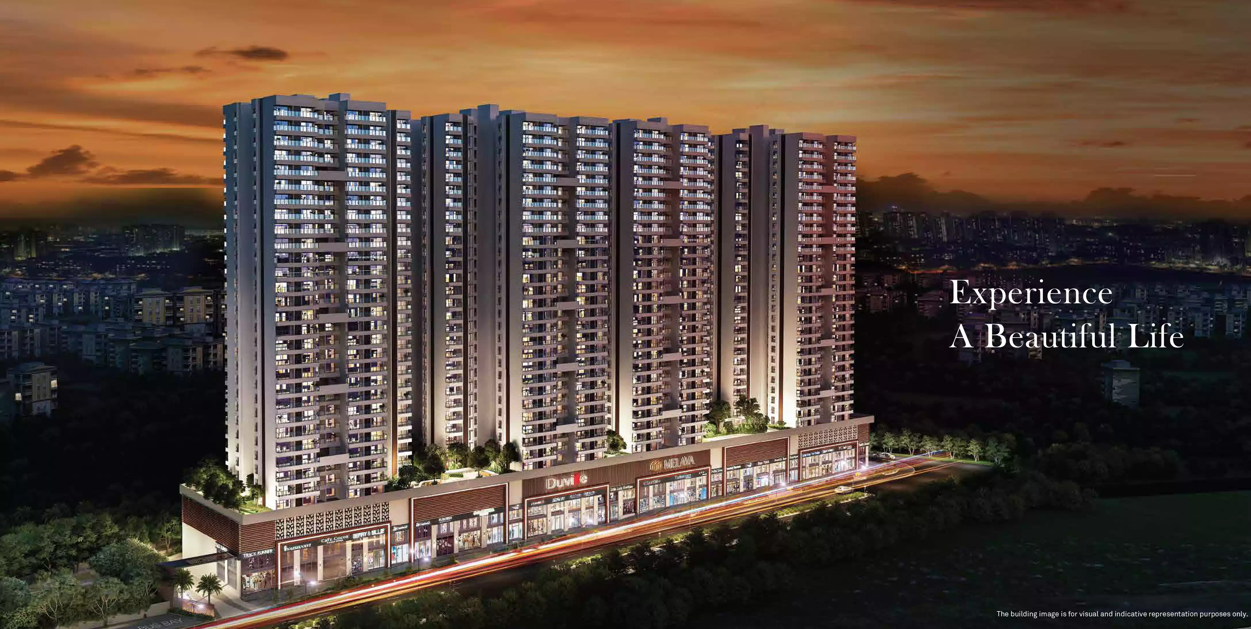 Riverdale Grand - illuminated tower elevation at dusk above the Melava high-street retail, artistic impression