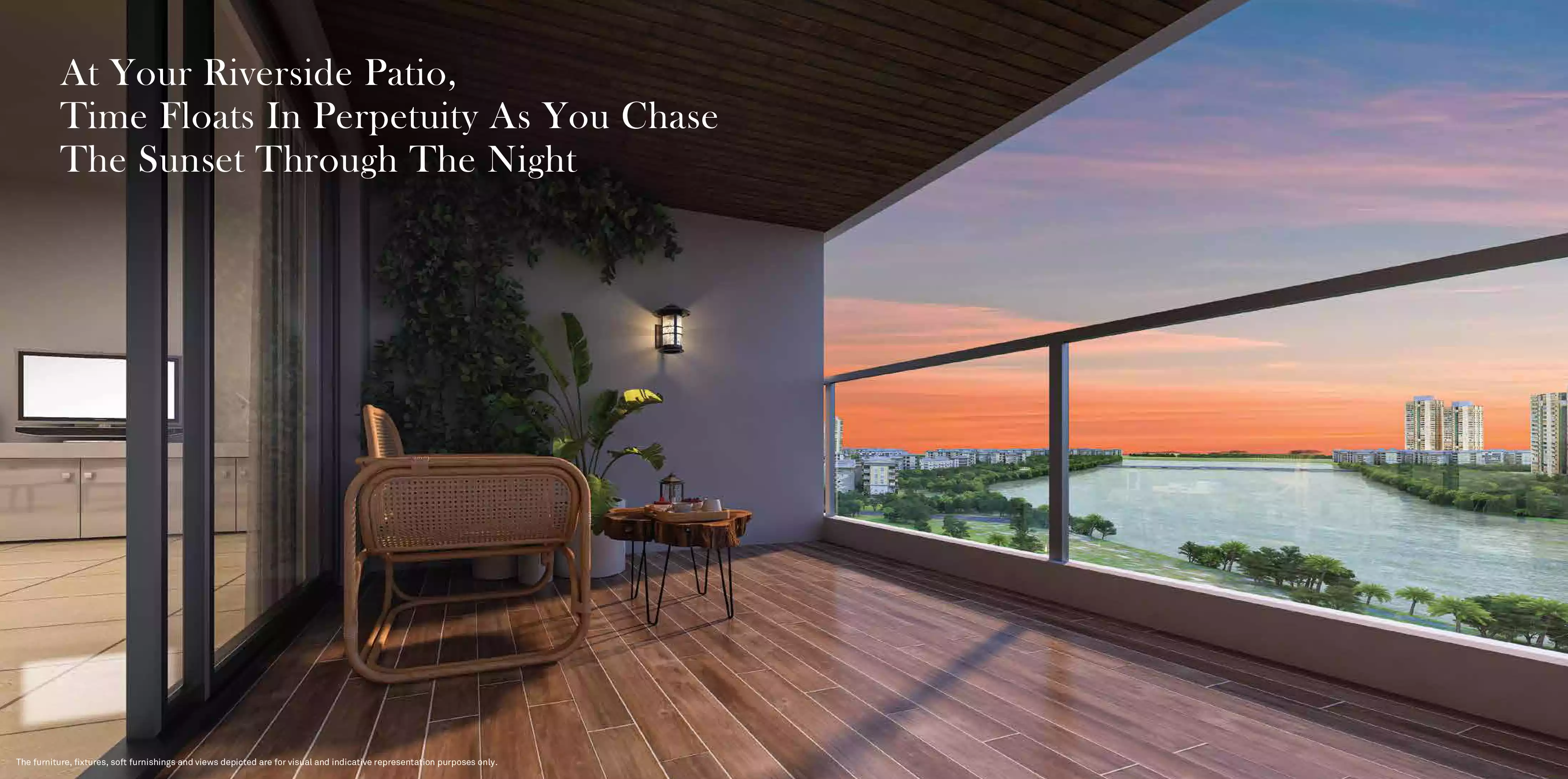 Riverdale Grand - riverside patio balcony overlooking the river at sunset, artistic impression