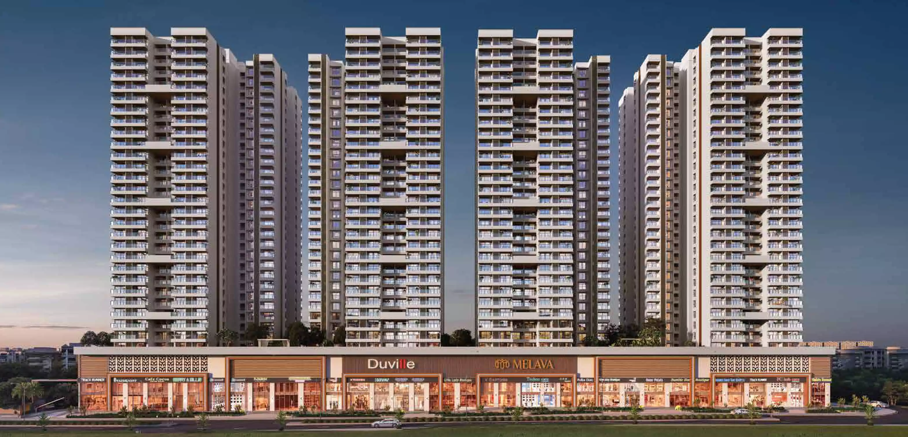 Riverdale Grand - full elevation of towers B1 to B4 above the Duville Melava retail street, artistic impression